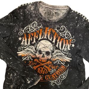 Affliction XL Long Sleeve Graphic Tee Black Gray Distressed Skull All Over Print